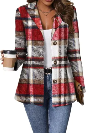 Women's Gray Herringbone Blazer Notched Lapel Long Sleeve Single Breasted Waist Cinching Jacket Office Spring Fall Outerwear