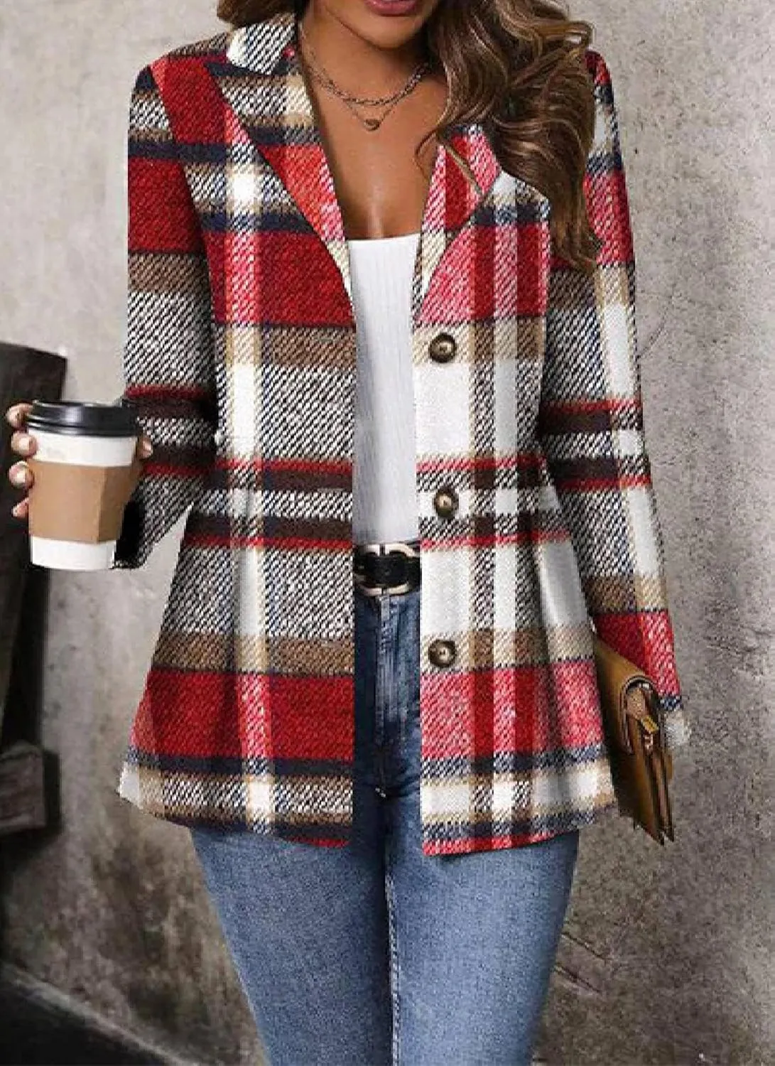 Women's Gray Herringbone Blazer Notched Lapel Long Sleeve Single Breasted Waist Cinching Jacket Office Spring Fall Outerwear