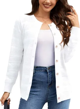 Women's Lightweight Crew Neck Button Down Long Sleeve Cardigan Knit Open Front Sweater