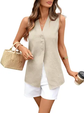 Women's Linen Cotton Vest Long V Neck Button Down Casual Suit Vest