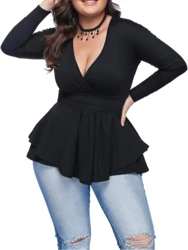 Women's Plus Size Dressy Tops Wrap Shirt Long Sleeve Tunic Top V Neck Low Cut Cute Blouse Black L