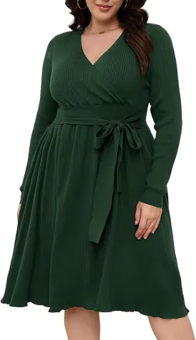 Womens Plus Size Sweater Dress Long Sleeve V Neck Wrap Tie Waist A-Line Casual Ribbed Knit Fall Winter Midi Dress