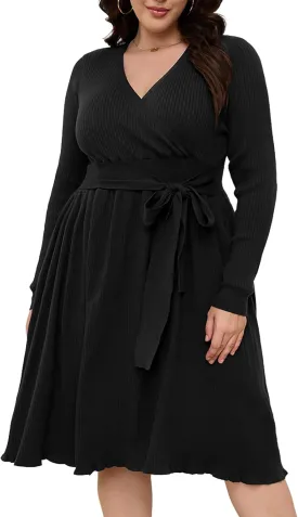 Womens Plus Size Sweater Dress Long Sleeve V Neck Wrap Tie Waist A-Line Casual Ribbed Knit Fall Winter Midi Dress