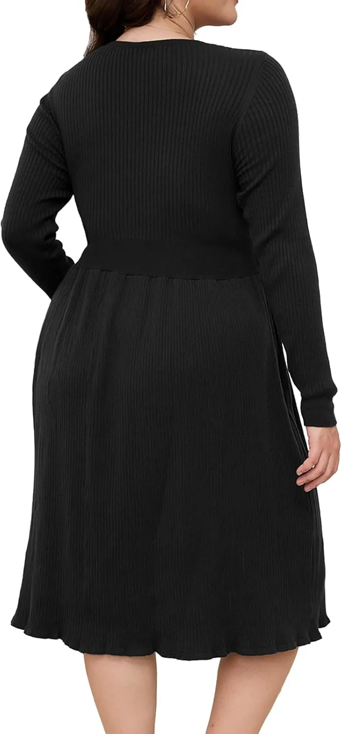 Womens Plus Size Sweater Dress Long Sleeve V Neck Wrap Tie Waist A-Line Casual Ribbed Knit Fall Winter Midi Dress