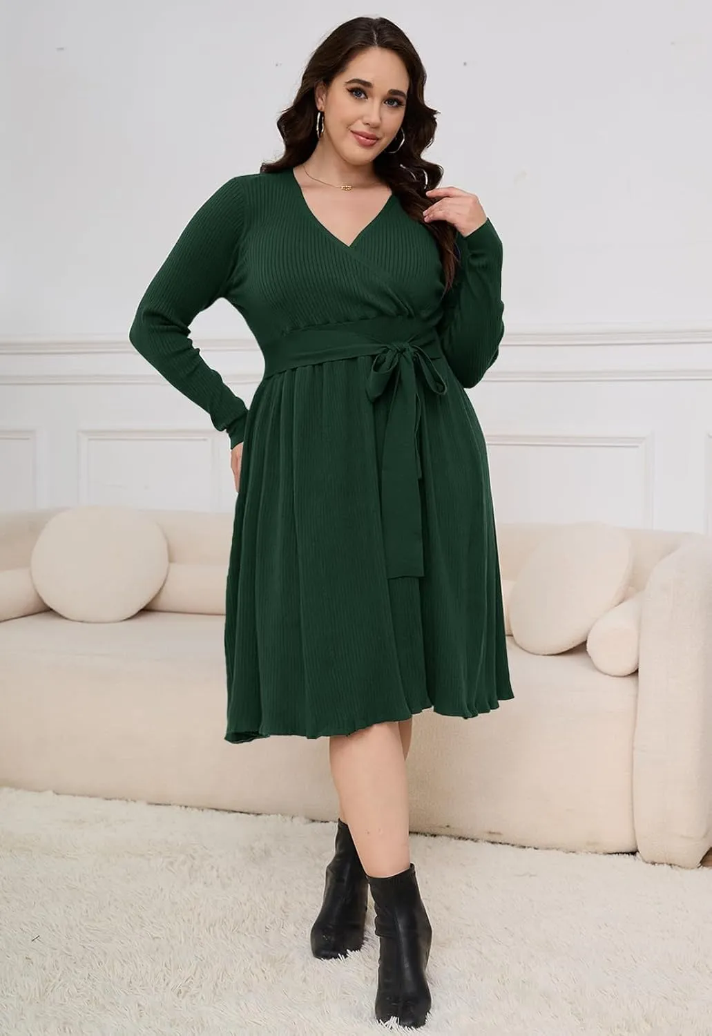 Womens Plus Size Sweater Dress Long Sleeve V Neck Wrap Tie Waist A-Line Casual Ribbed Knit Fall Winter Midi Dress