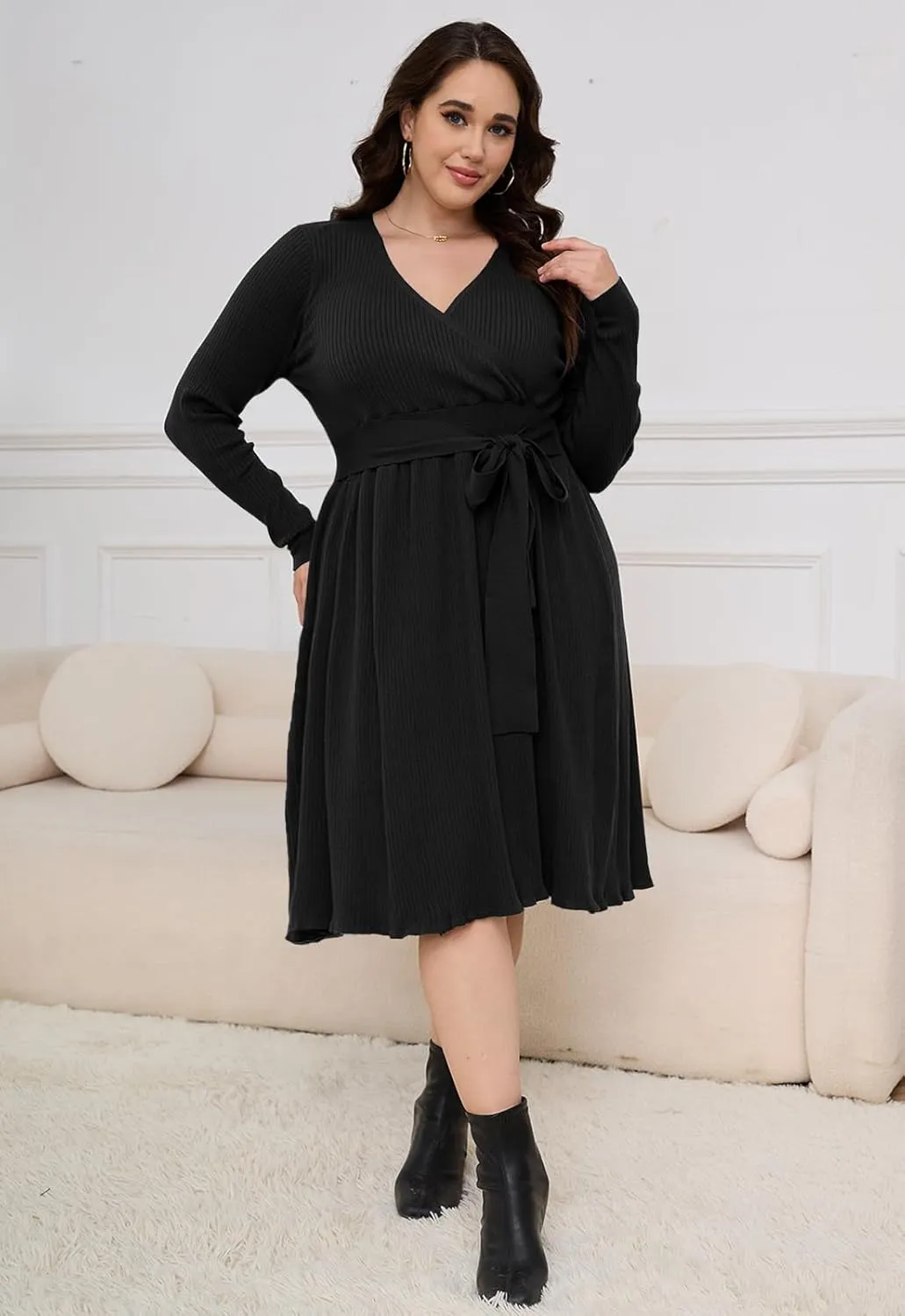 Womens Plus Size Sweater Dress Long Sleeve V Neck Wrap Tie Waist A-Line Casual Ribbed Knit Fall Winter Midi Dress