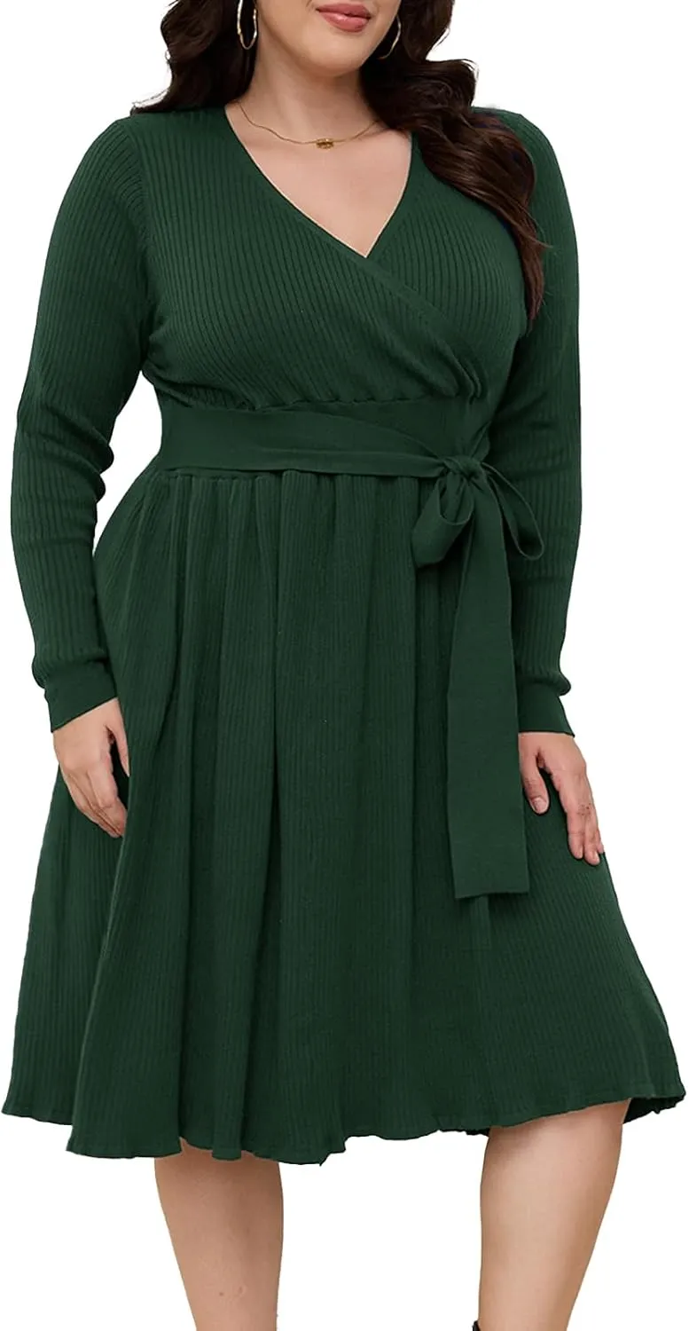 Womens Plus Size Sweater Dress Long Sleeve V Neck Wrap Tie Waist A-Line Casual Ribbed Knit Fall Winter Midi Dress