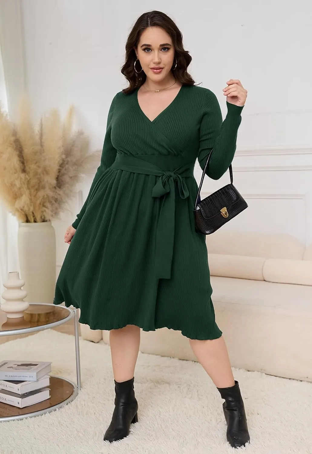 Womens Plus Size Sweater Dress Long Sleeve V Neck Wrap Tie Waist A-Line Casual Ribbed Knit Fall Winter Midi Dress