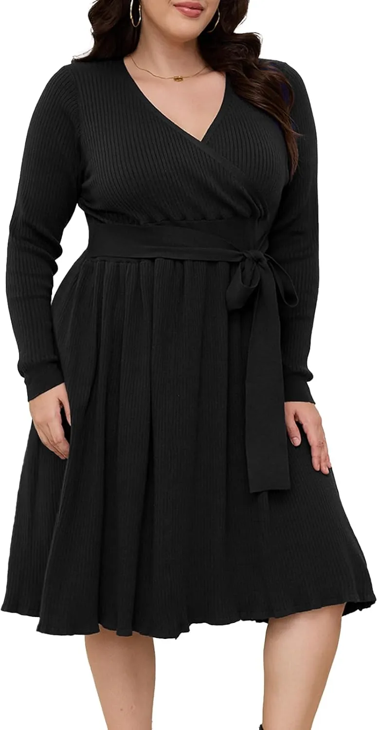 Womens Plus Size Sweater Dress Long Sleeve V Neck Wrap Tie Waist A-Line Casual Ribbed Knit Fall Winter Midi Dress