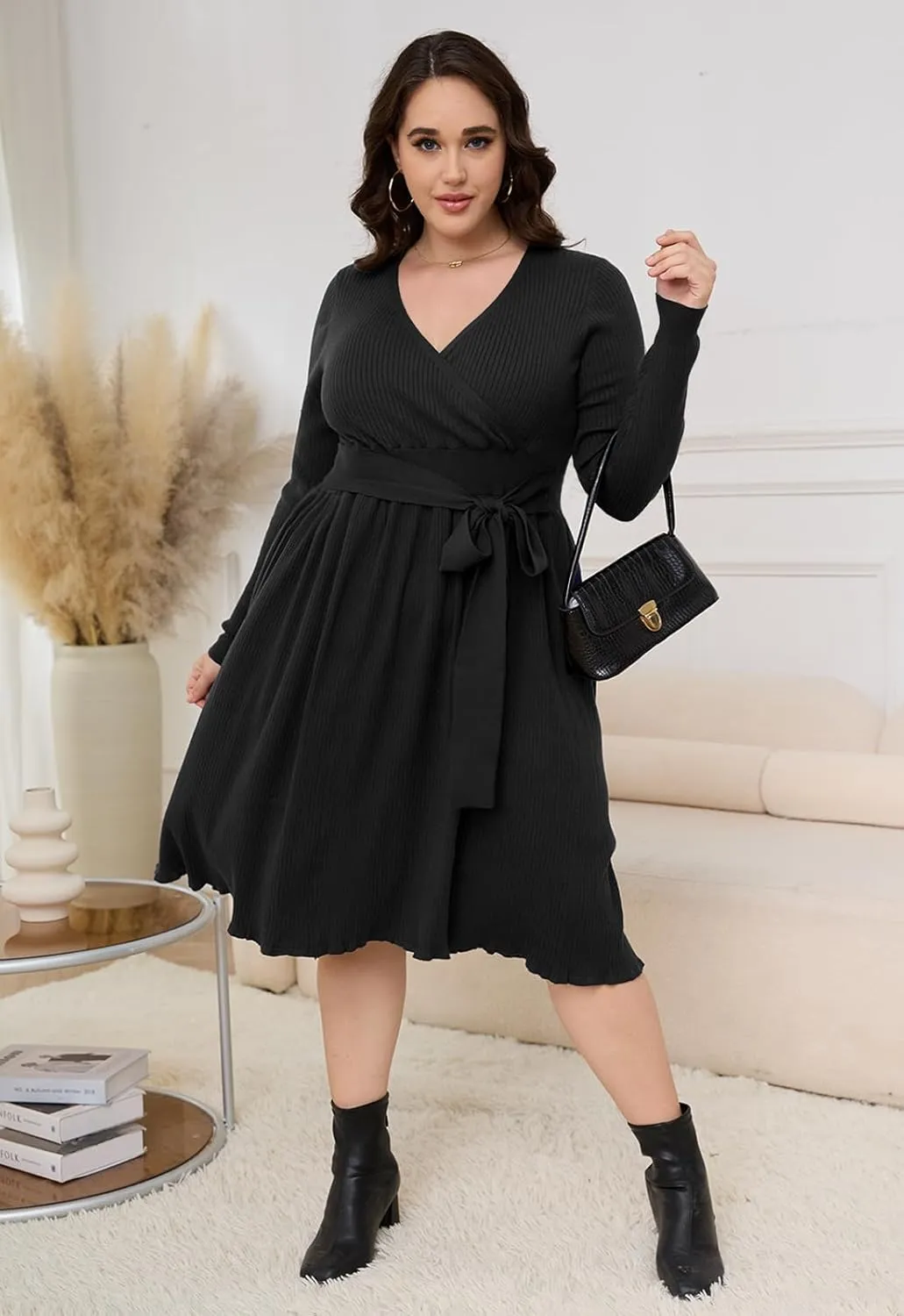 Womens Plus Size Sweater Dress Long Sleeve V Neck Wrap Tie Waist A-Line Casual Ribbed Knit Fall Winter Midi Dress