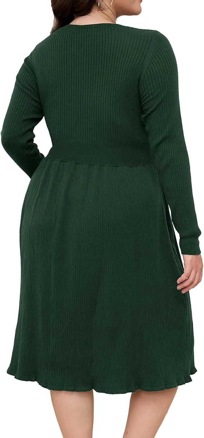 Womens Plus Size Sweater Dress Long Sleeve V Neck Wrap Tie Waist A-Line Casual Ribbed Knit Fall Winter Midi Dress