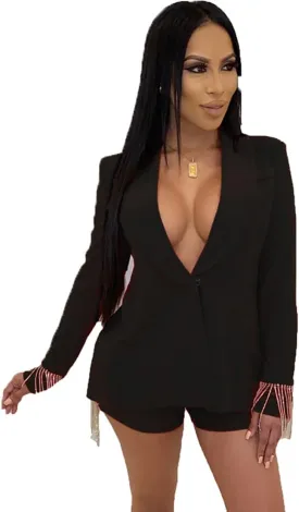 Womens Sexy 2 Pieces Back Slit Tassel Blazer Jackets Bodycon Shorts Party Casual Elegant Business Suit Outfits Set(Tassel Black,S)