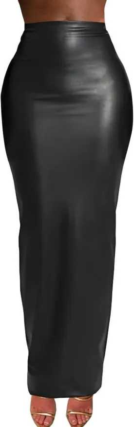 Women's Stretch Faux Leather Long Skirt with Double Zipper, Slim Fit, Black